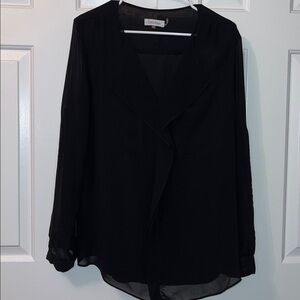 Calvin Klein Black Blouse Ruffle Detail Roll Tab Sleeves Size XL